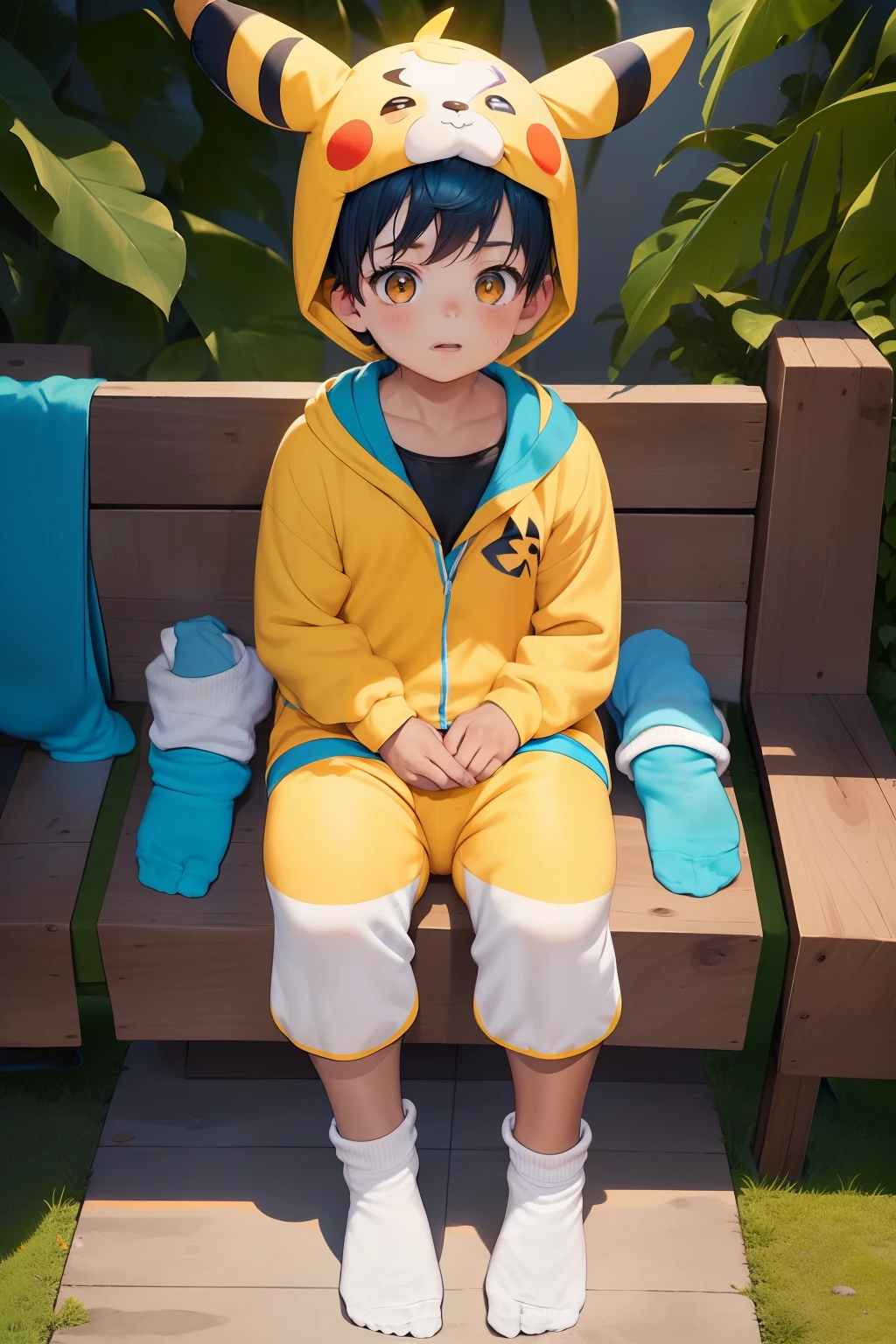 chubby Little boy with blue hair and shiny orange eyes and yellow socks wearing a pikachu costume sitting on a bench in a park, young, boy, child, small, toddler, (child:1.4), (boy:1.4), (shota:1.4), (sweatpants:1.4), (pikachu costume:1.6), (socks:1.8), (cute:1.8)