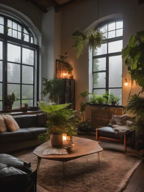 The modern living room of the Middle Ages is dimly lit，There were dark rainy nights outside, (Foggy and rainy nights:1.2), Pacific Northwest, (Dim lighting:1.4), (Moody lighting:1.2), A plant, Large plants, Rainy, Monstera, Many plants, (Foggy windows:1.2)...