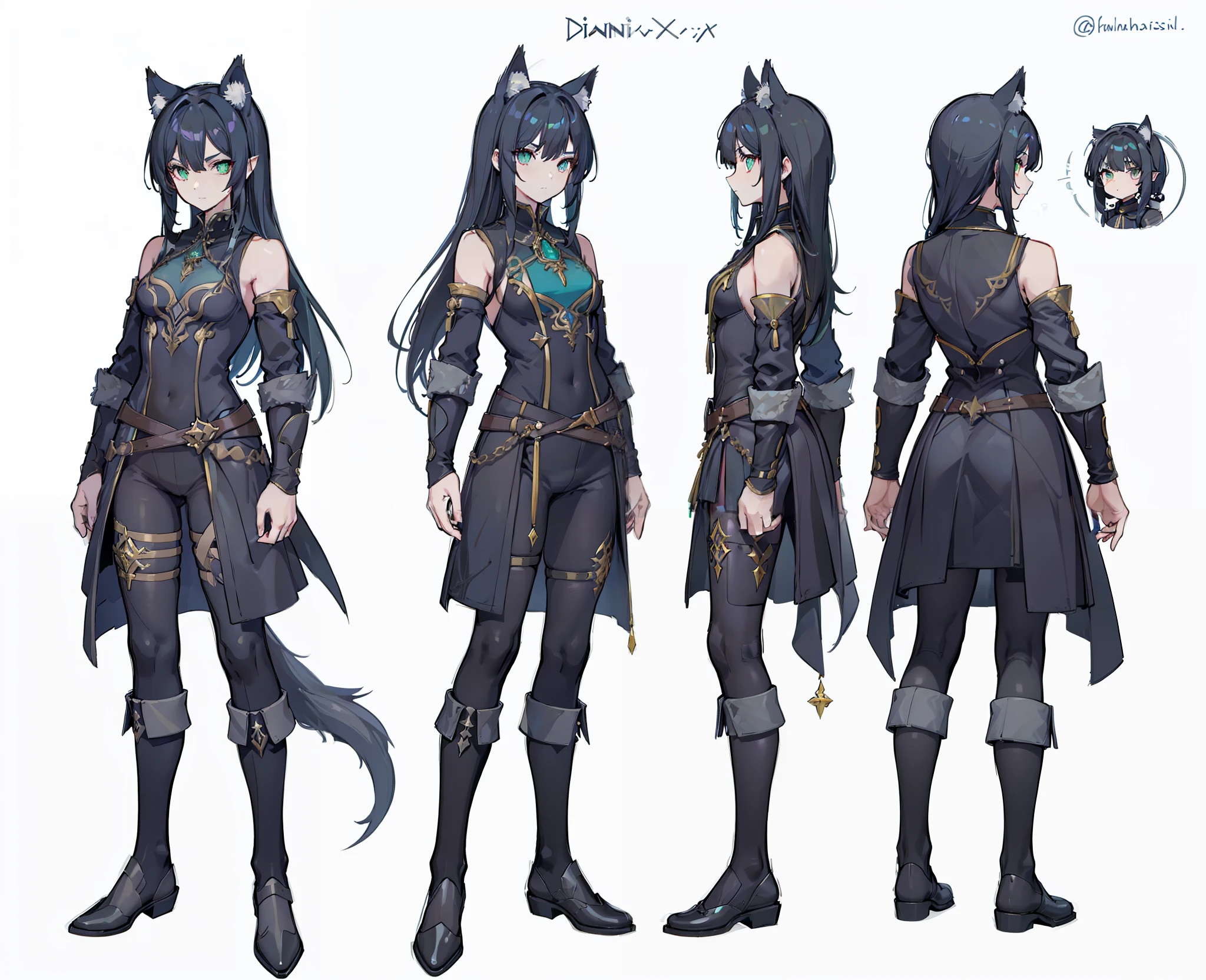 1girl, reference sheet, matching outfit, (fantasy character design, front angles, side angles, rear angles) Alistair, Demi-Human character design. Lithe and agile frame, feminine appearance. Striking emerald eyes with a mischievous glint, hint of magical prowess. Long jet-black hair, intricate arcane symbols on attire. Wolf-like ears and tail, distinctive Demi-Human features. (masterpiece:1.2), (best quality:1.3).