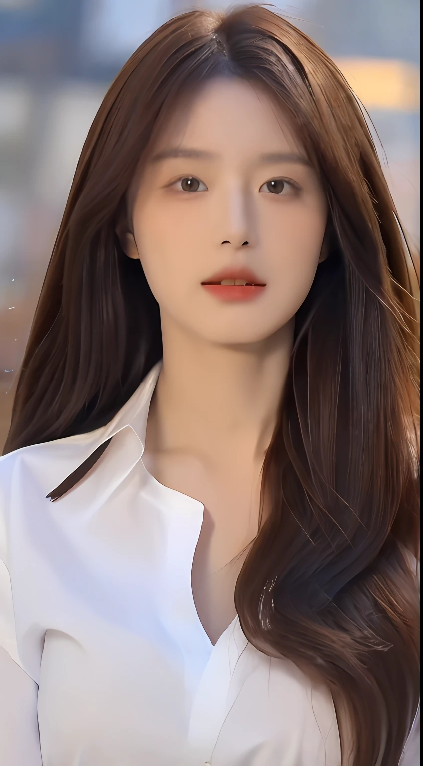((Best quality, 8k, Masterpiece :1.3)), Sharp focus :1.2, A pretty woman with perfect figure :1.4, Slender abs :1.2, ((Dark brown hair, Big breasts :1.2)), (White button up long shirt :1.1), City street:1.2, Highly detailed face and skin texture, Detailed eyes, Double eyelid