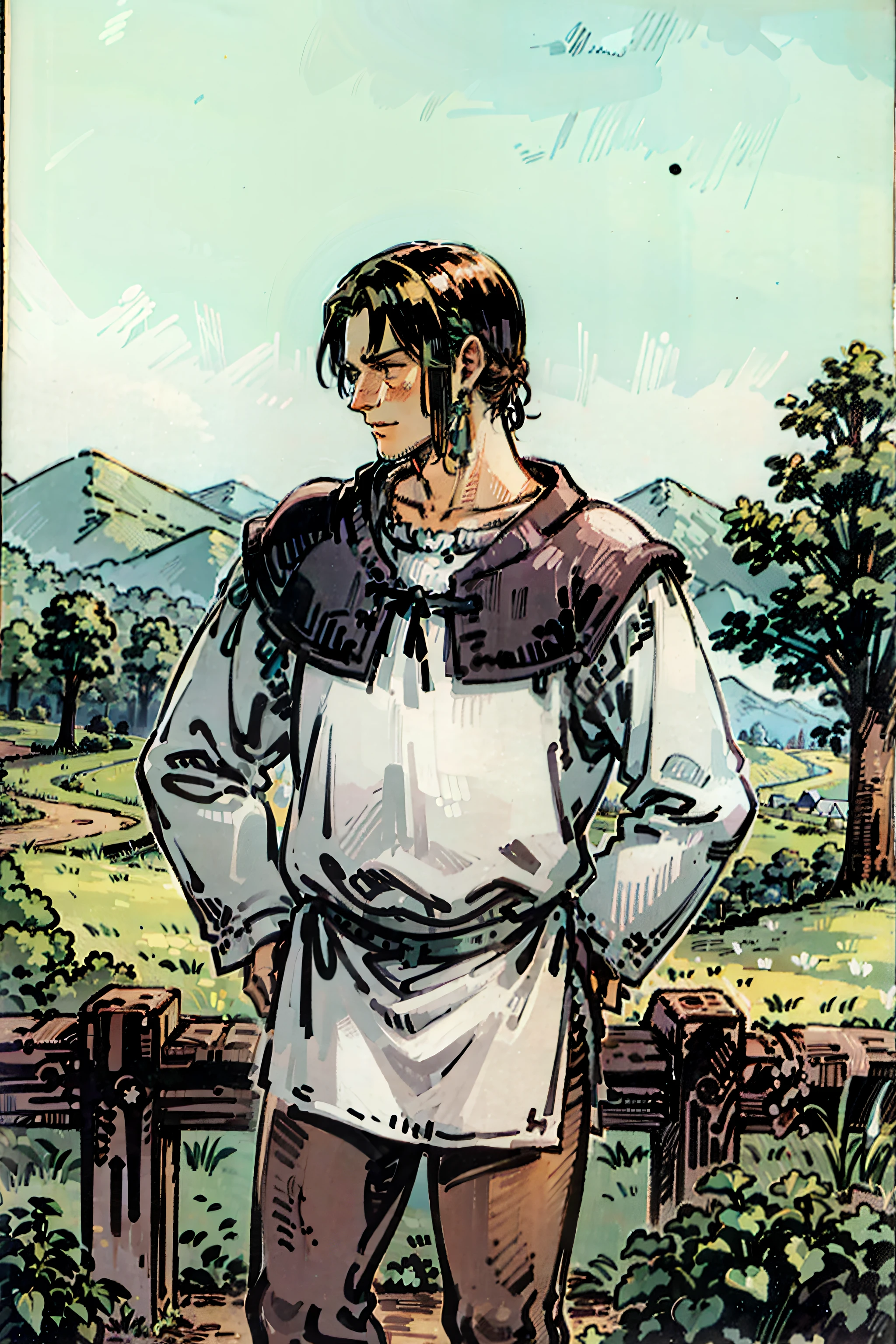 homem medieval romano, bizantino, moreno, "cabelo preto", agricultor, dono de terras, usando "roupas roxas", fazenda, campos com montanhas ao fundo, ensolarado. dark fantasy, realista, medieval.