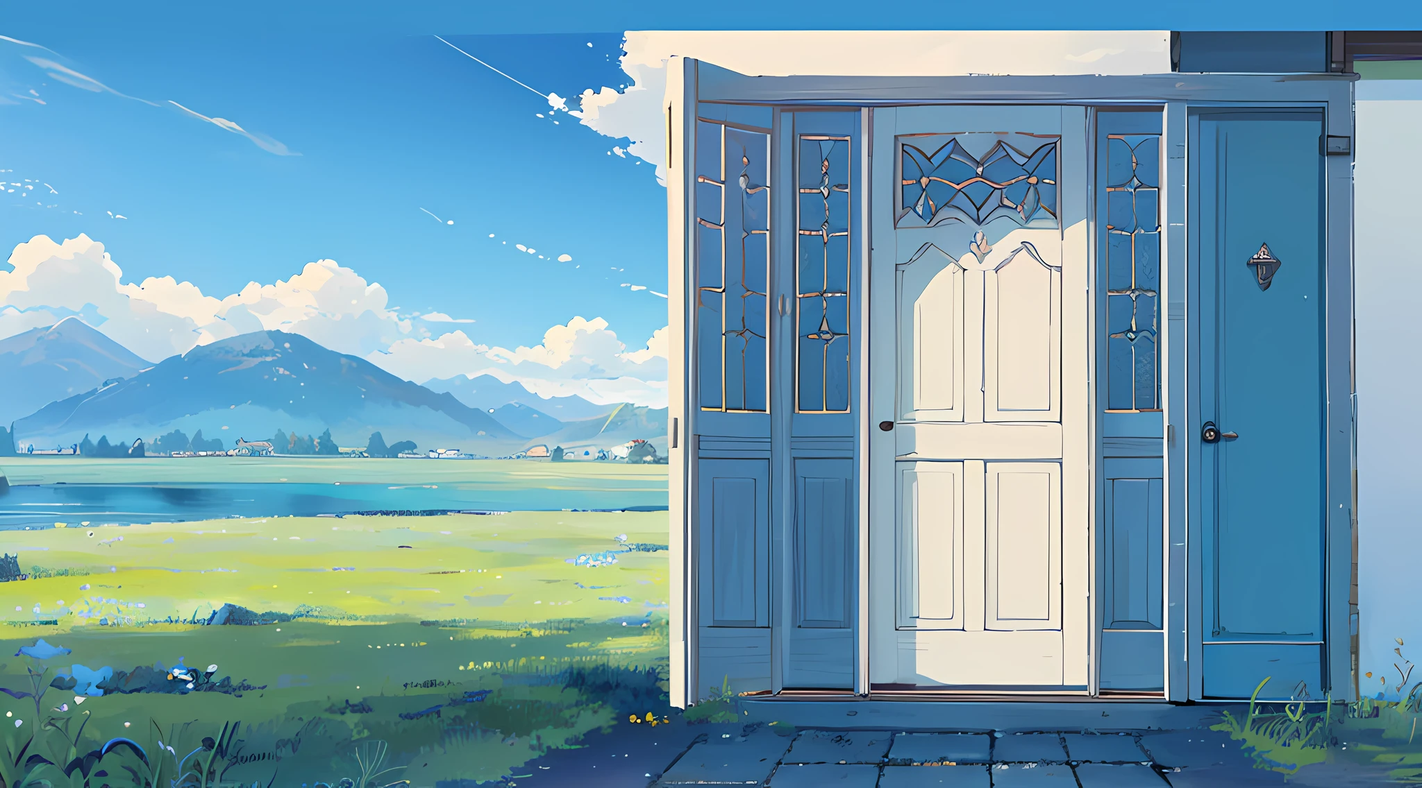 ((masterpiece, best quality)), (((door without walls ))) , only one white door covered, the door stands in the water, Grassland, mountains in the distance, pasture, blue sky, white clouds, meadow