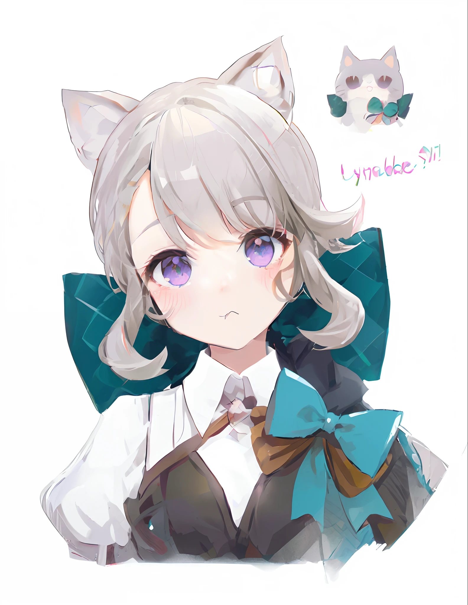 Personnage d'anime avec des oreilles de chat et un nœud papillon et un chat, cute chat animégirl, chat animégirl, des filles de première ligne, Anime Girl avec des oreilles de chat, chat animé, beautiful chat animégirl, Nyaruko-san, style Pixiv, animé stylisé, Very beautiful chat animé girl, Fille Chat Blanc, Style animé. 8k, Renard aux cheveux blancs