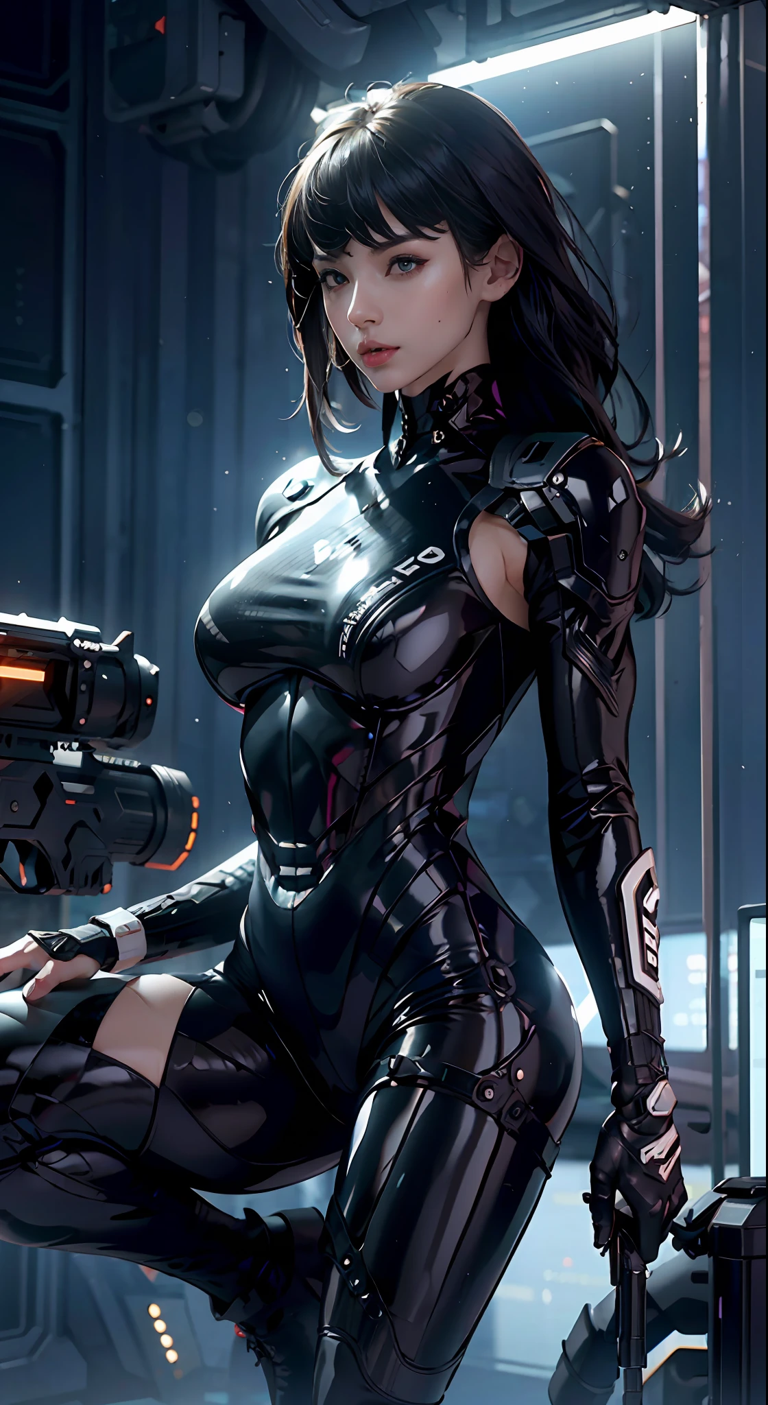 solo, foto súper fina, retrato Unreal Engine 5 8K UHD de una chica con un traje de batalla futurista de látex negro ceñido y una chaqueta blanca, elegante traje negro, personaje icónico negro, piel negra suave, cuerpo negro, CLORURO DE POLIVINILO, traje de látex brillante, traje de goma, cinturones de goma, cuello, casco integral futurista, guante de goma futurista, botas altas futuristas, puños para brazos y piernas, correas, mundo ciberpunk, tener un arma, mejor calidad, Obra maestra, Arte oficial, Fondo de pantalla unificado de 8k, súper detallado, enfoque nítido, pose dinámica, Partes del cuerpo, sin extremidades adicionales, precisamente anatomía