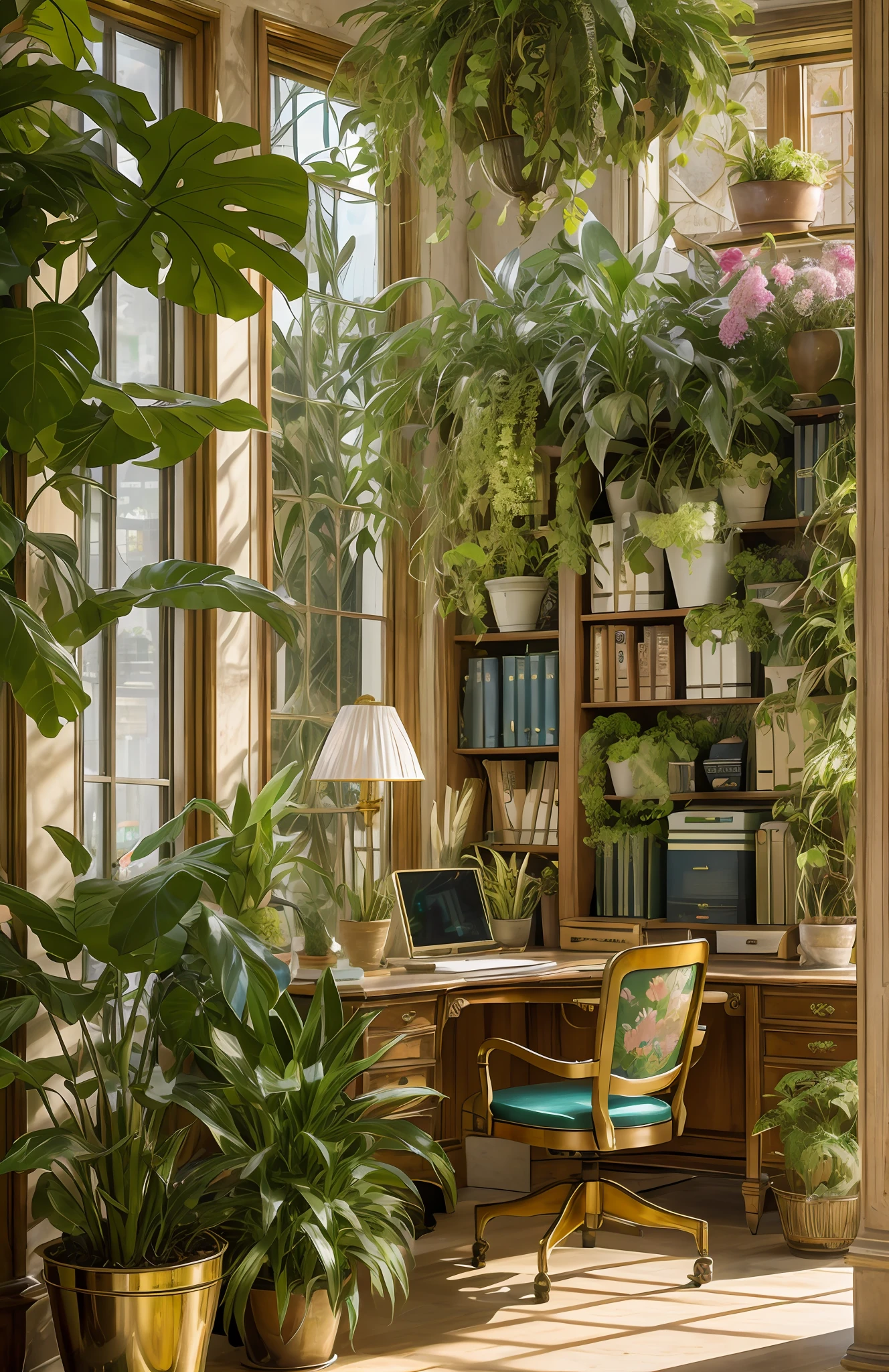 Foto Architectural Digest de um verde maximalista {onda de vapor/steampunk/solarpunk} ((escritório em casa)) com flores e plantas, Luz dourada, surrealismo hiper-realista, obra-prima premiada com detalhes incríveis, épico deslumbrante