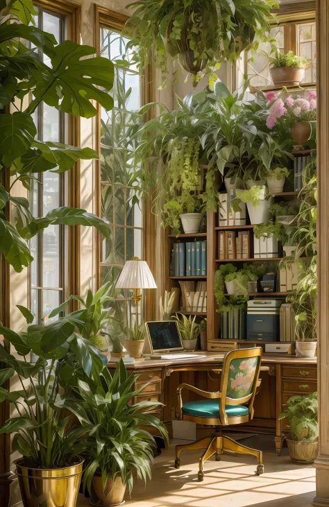 Architectural Digest photo of a maximalist green {vaporwave/steampunk/solarpunk} ((Home office)) with flowers and plants, golden...