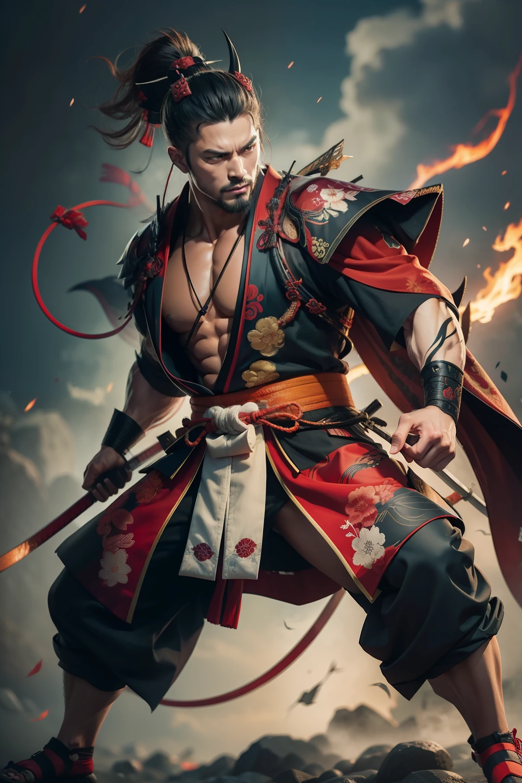 A man in a samurai outfit holding a sword and fire - SeaArt AI