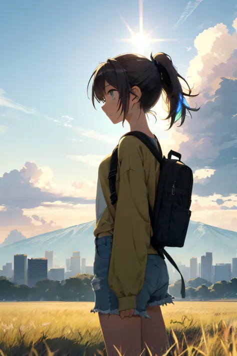 [(Cloud background:1.5),::5] (Isometric:1.0), Vast sky, Beautiful skyline, large grasslands, extremely tense and dramatic pictures, moving visual effects, the high-hanging Polaris, colorful natural light. Long-sleeved tops, Denim shorts, Girl with a backpa...