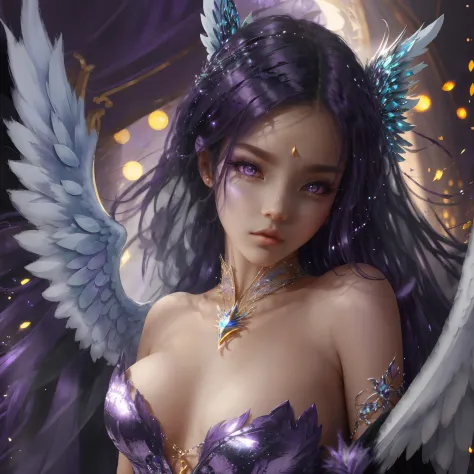 Generate a pretty angel with glittering (((dark purple hair))), loose curls, and long hair, and purple macro eyes. Her eyes are extremely detailed and high resolution, and should contain shades of purple with realistic shading, beautiful detailed eyes. She...