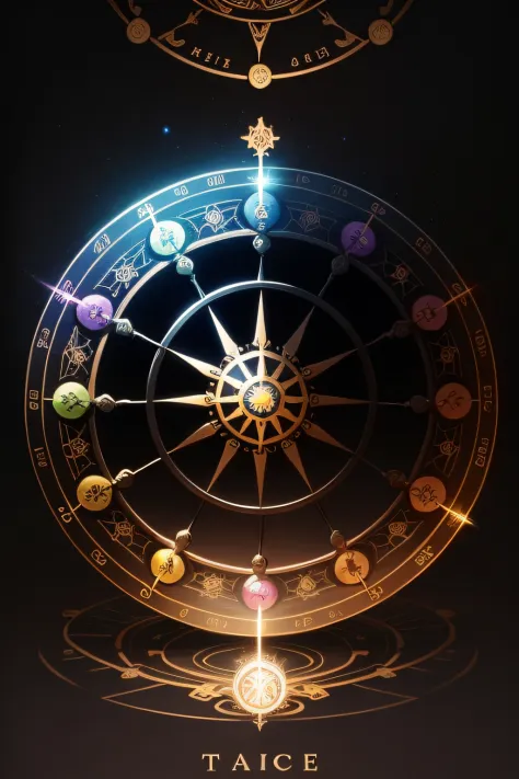 Colorful tarot card wheel of fortune drawing isolated on black background、Breathtaking rendering、In a shining connection、Kinuko Y.Inspired by the craft、magic elements、The is amazing、Beautiful fece、Multi-cast colorful spells、Bright flash、The Flash