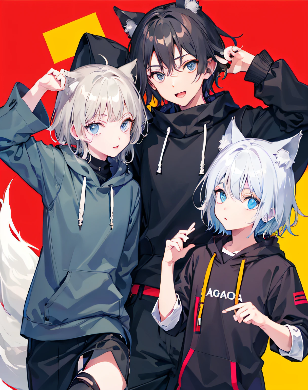 （1boys），（shota），（high-definition quality，Masterpiece level），cute teen character，Dark gray hair，blue colored eyes，（Wolf ears），（Wolf tail），One tail，（No ears），（younge boy），（Ear covering），（hair covered ears），facial camera，A pinch of blue bangs，in a panoramic view，full bodyesbian