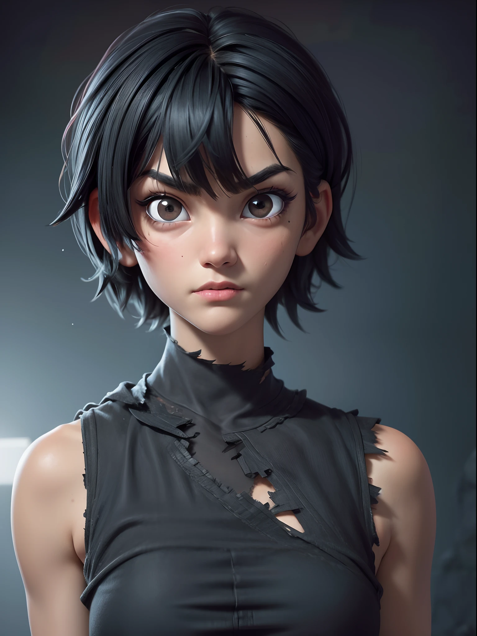 1girl, short black hair messy, black eyes, psycho look, gray haze around, peeking out upper body, dark cave, Ripped clothes, 16k