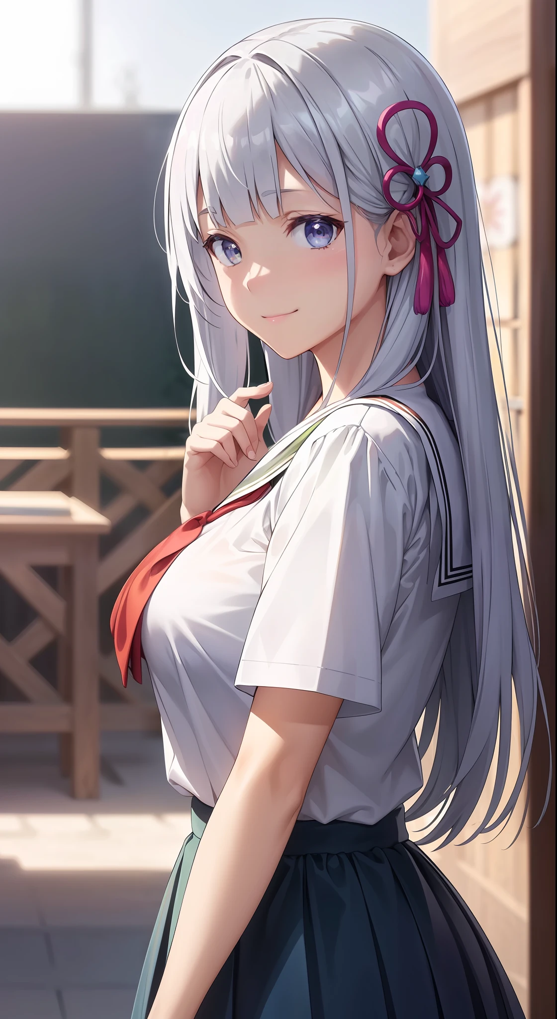 hair ornament, very long hair, japanese clothes, professional artwork, Intricate Details, field of view, sharp focus, detailed painting, photorealistic lighting, trending on pixiv, Standing at attention, ((school girl, summer school outfit)), ((large breasts:1,3)), Beautiful body,Beautiful Nose,Beautiful character design, perfect eyes, perfect face, looking at viewer, SFW,official art,extremely detailed CG unity 8k wallpaper, perfect lighting,Colorful, Bright_Front_face_Lighting, (masterpiece:1.0),(best_quality:1.0), ultra high res,4K,ultra-detailed, photography, 8K, HDR, highres, absurdres:1.2, Kodak portra 400, film grain, blurry background, bokeh:1.2, lens flare, (vibrant_color:1.2), shikkoku_yorihime, (happy smile, cheers), ((looking at viewer, front body pose))
