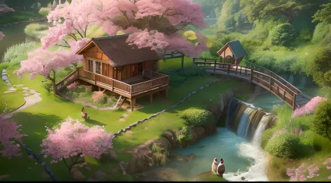 awardwinning, concept-art, fine art, epic fantasy digital art, bird's eyes view，Cinematic lighting,Downward view，super wide shot，Viewing angle from afar，depth of fields，The beauty of an idyllic country fairy tale，((waterfallr))，Quaint, Picturesque, Rustic,...