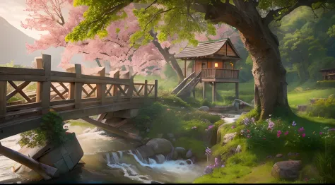awardwinning, concept-art, fine art, epic fantasy digital art, bird's eyes view，Cinematic lighting,Downward view，super wide shot，Viewing angle from afar，depth of fields，The beauty of an idyllic country fairy tale，((waterfallr))，Quaint, Picturesque, Rustic,...