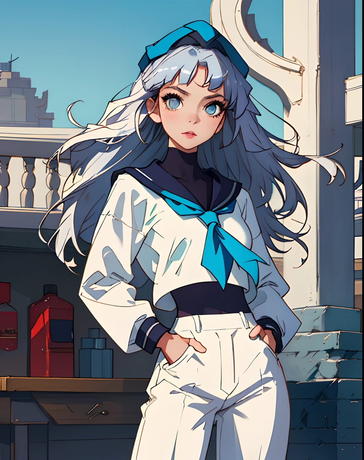 Anime girl with long white hair and blue eyes standing in front of a  building - SeaArt AI