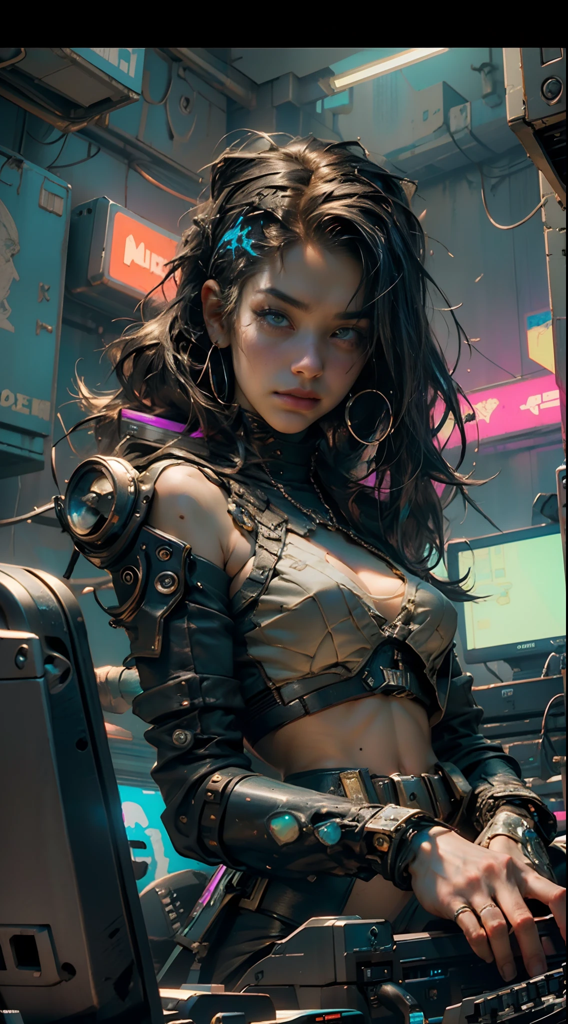 photography of ((best qualityer)), ((tmasterpiece)), (highly  detailed:1.3), 3D, big breasts beautiful (Cyberpunk:1.3) Hacker woman with bushy and shaggy hair operating a computer terminal