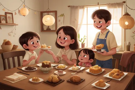 Picture 4: Family sitting around enjoying moon cakes with 4 characters

Character 1: Father

Description: The father in the story is a middle-aged man, with slightly abusive brown hair and a warm face. He often wears simple but elegant clothes, showing the...