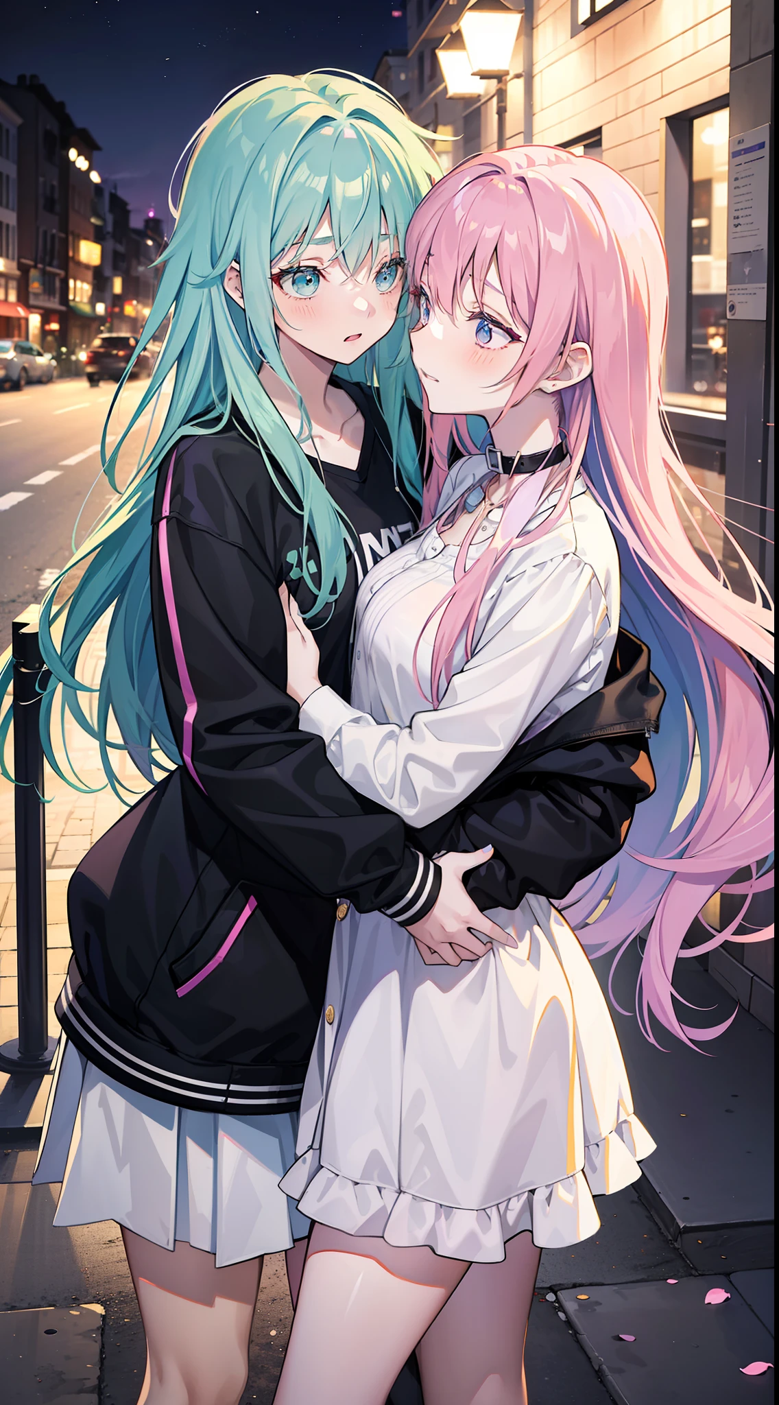 Two anime girls hugging each other on a city street - SeaArt AI