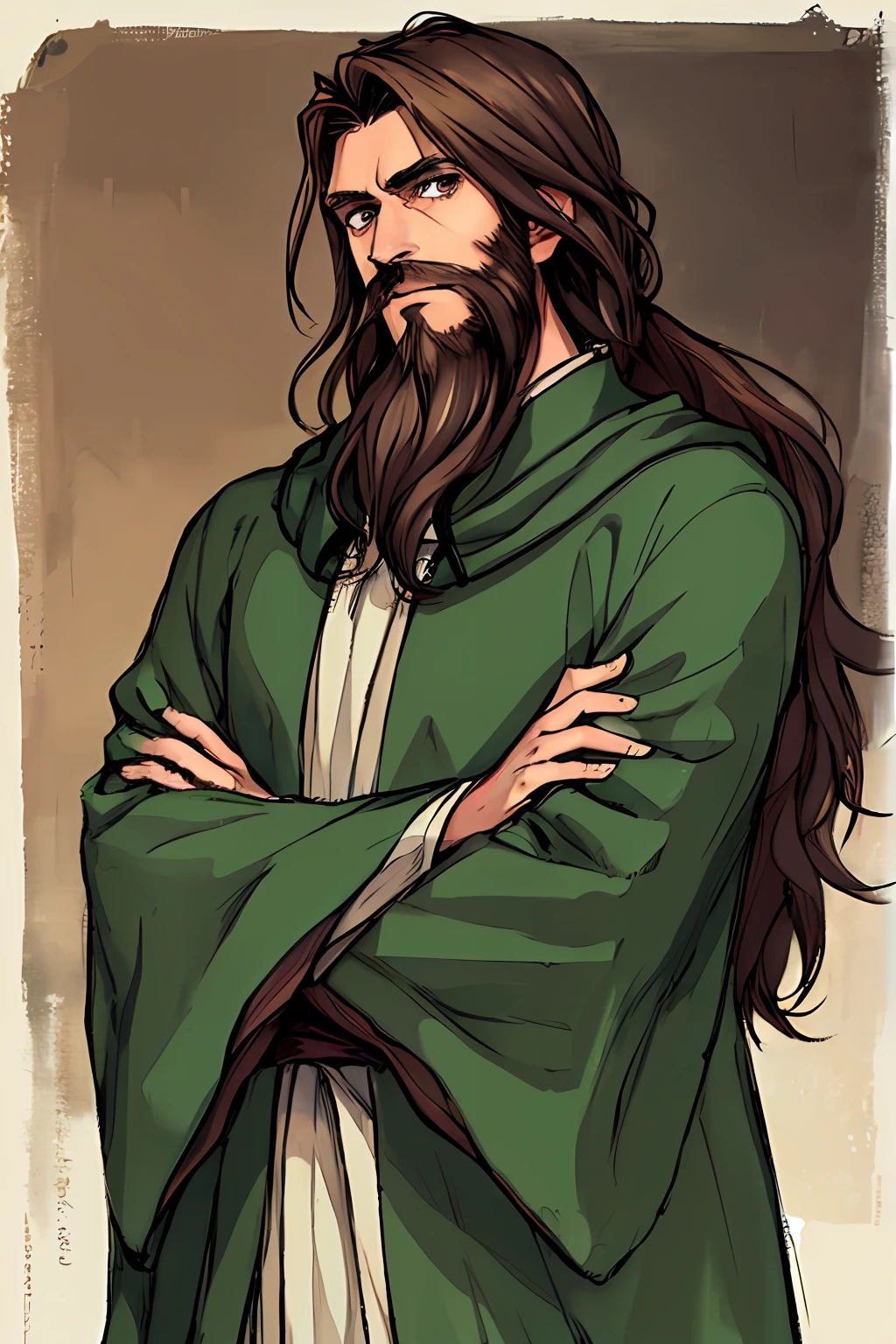 1 homem, Mais velho, cabelo castanho, cabelo longo, Barba comprida, vestes verdes, fantasia, Medieval, Olhos castanhos, Olhando para o visualizador, confiante, Braços cruzados, Estilo realista