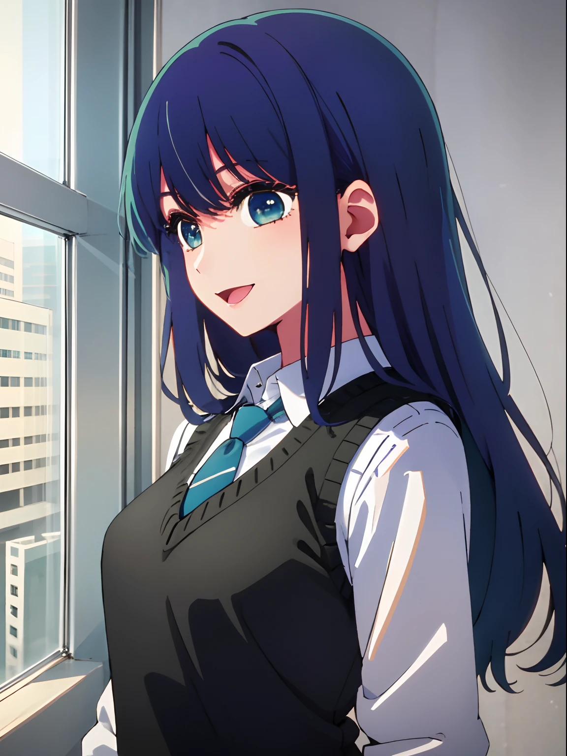 bela iluminação, 1 garota em, só, Akane, camisa branca, Colete suéter, colete preto, gravata azul, ((estilo anime))、((2D))、Um sorriso、Abra sua boca、O de cabelos compridos