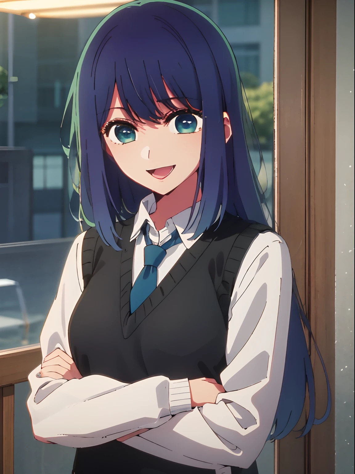 beautiful  lighting, 1girl in, 独奏, Akane, white  shirt, Sweater Vest, Black vest, Blue tie, ((anime styled))、((2D))、A smile、Open your mouth、The long-haired