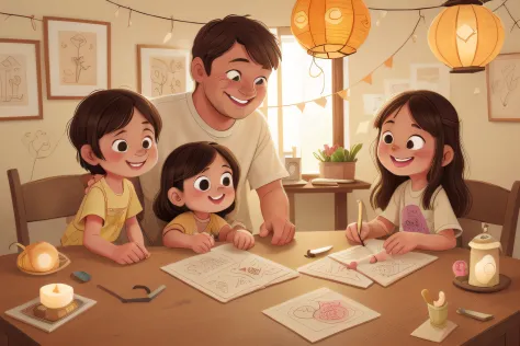 Picture 2: The family makes lanterns together for the Mid-Autumn Festival with 4 characters

Character 1: Father

Description: The father in the story is a middle-aged man, with slightly abusive brown hair and a warm face. He often wears simple but elegant...
