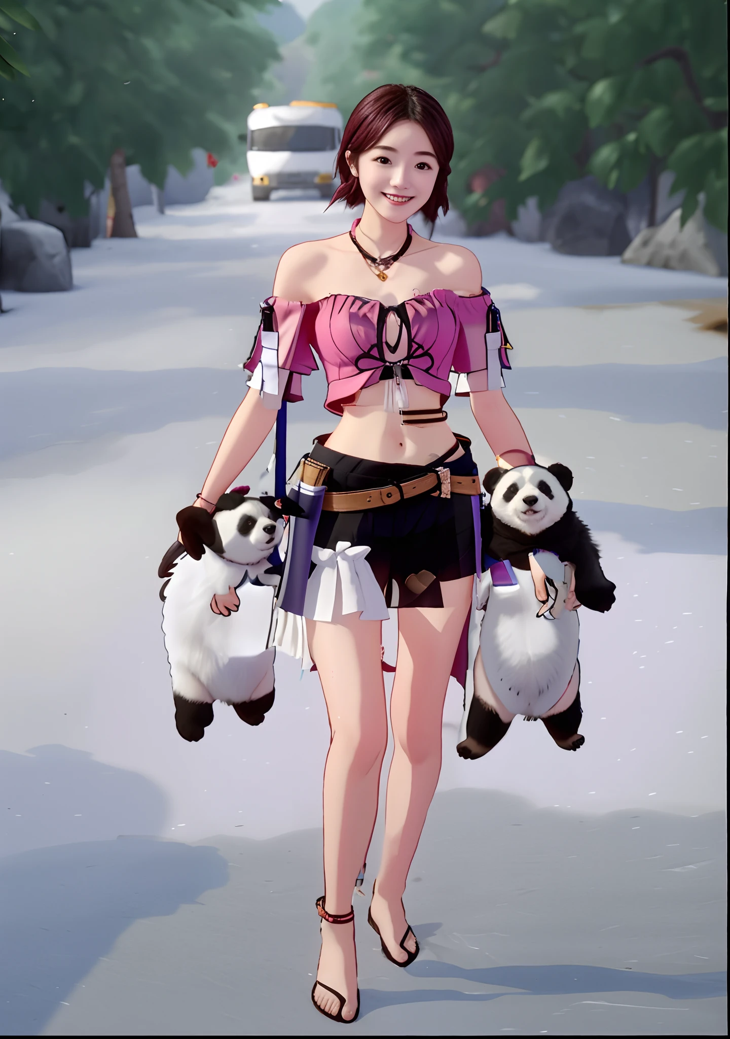 Anime girl with panda bears walking down a street in a pink top - SeaArt AI