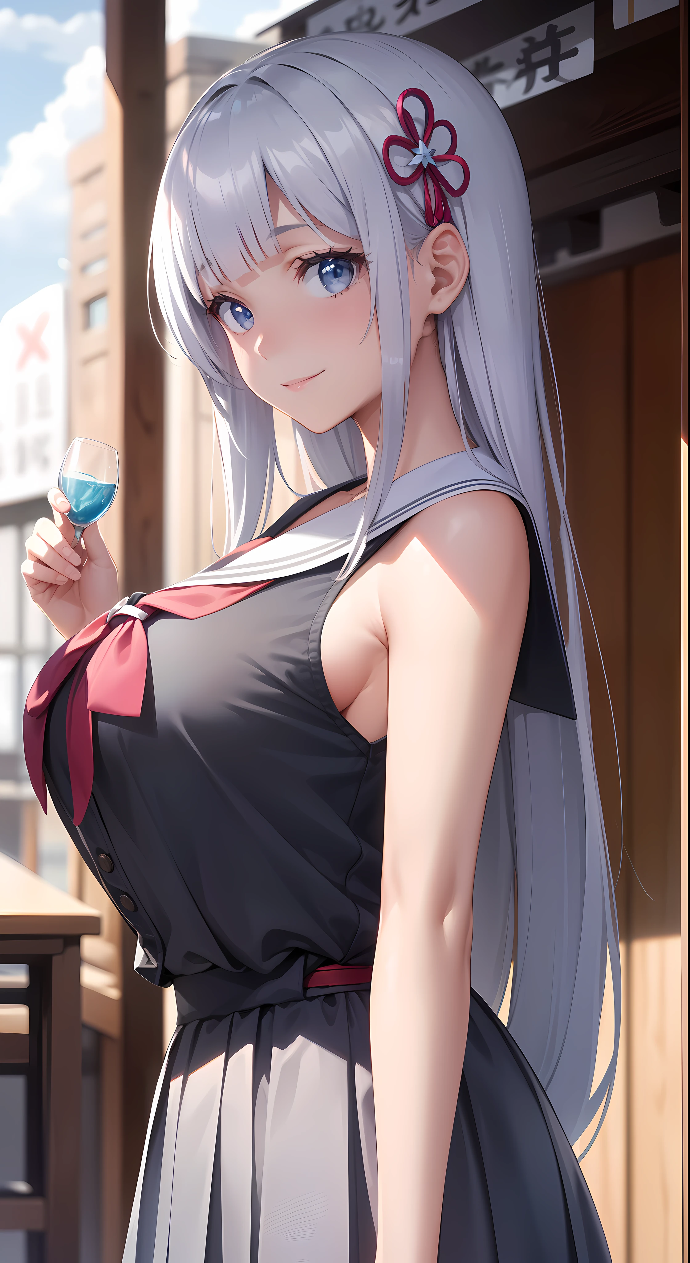 Anime Schoolgirl Big Tits - Anime girl with long gray hair and blue eyes holding a glass - SeaArt AI
