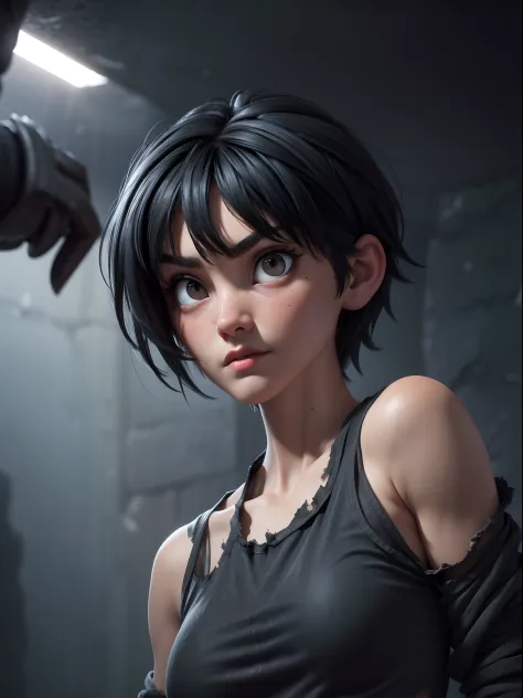 1girl, short black hair messy, black eyes, psycho look, gray haze around, peeking out upper body, dark cave, Ripped clothes, 16k