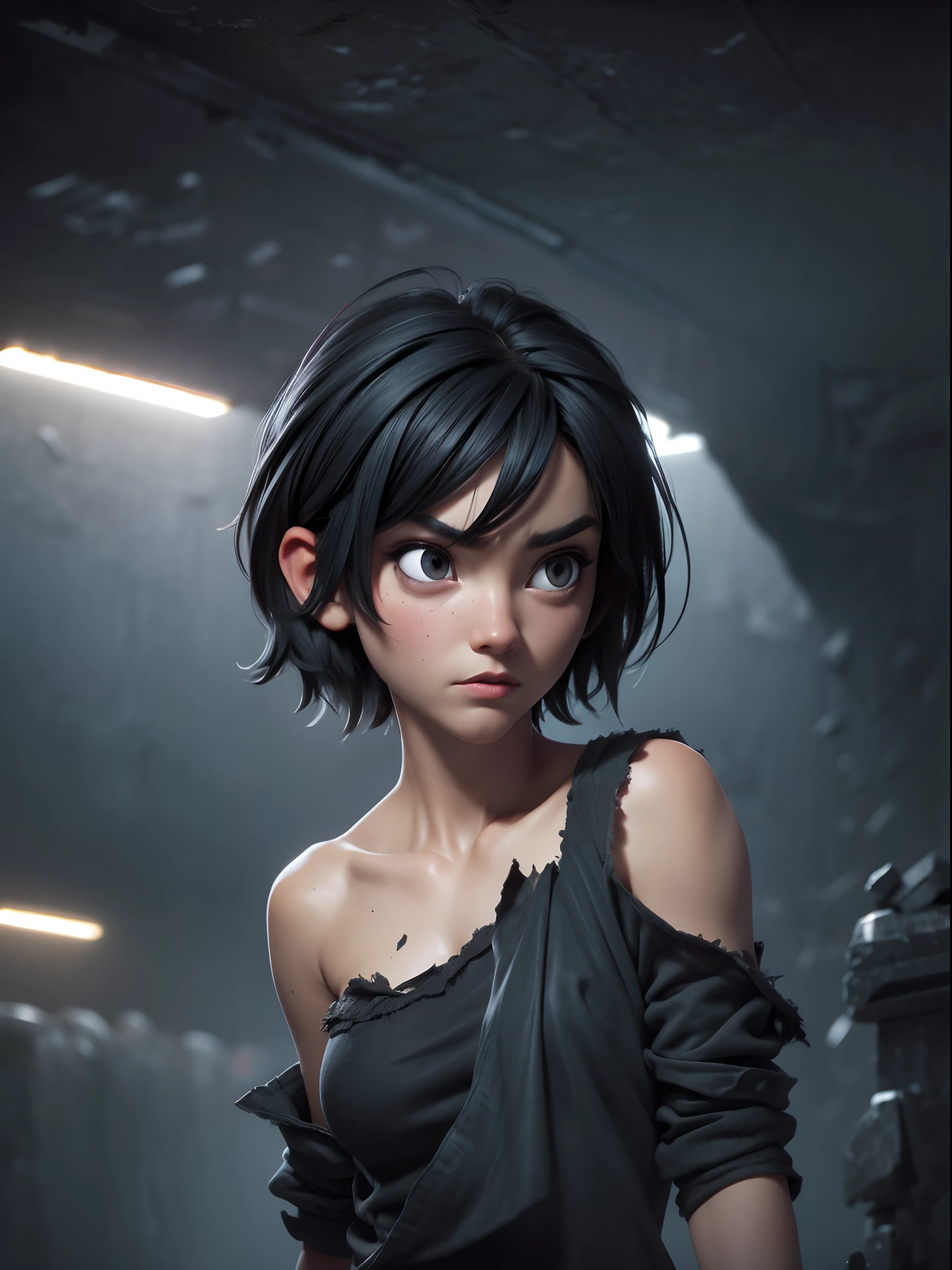 1girl, short black hair messy, black eyes, psycho look, gray haze around, peeking out upper body, dark cave, Ripped clothes, 16k