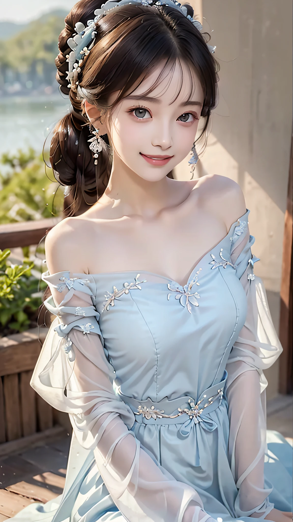 Ancient wind，high detal，8K resolution，Ultra-high resolution，The best picture quality beautiful girl，Peerless beauty，Extremely beautiful（（Bamboo shoot-shaped chest，Huge_flourishing）），（Chinese style ancient style black flowing hair with exquisite buns），（Long flowing hair，With a bun:1.3）），With bangs，Delicate collarbones，beautiful make up，Exquisite and perfect facial features，Big watery eyes，Lying silkworm，Long eyelashes，The eyes are sweet and have eye shadow，Slim waist，(((With a sweet smile on your face:1.3)))，lipsticks，Blushlush，Delicate earring earrings，closeup of face，(Dressed in a high-necked translucent lake blue tulle fairy dress（Paired with delicate blue and white embroidery，With a shirt with large sleeves，Bare shoulders:1.3）)，Fresh and natural，Tranquil and beautiful，（Facing the viewer），Extreme picture quality，Highest accuracy，Close-up，forward leaning，dynamic angle，depth of fields。