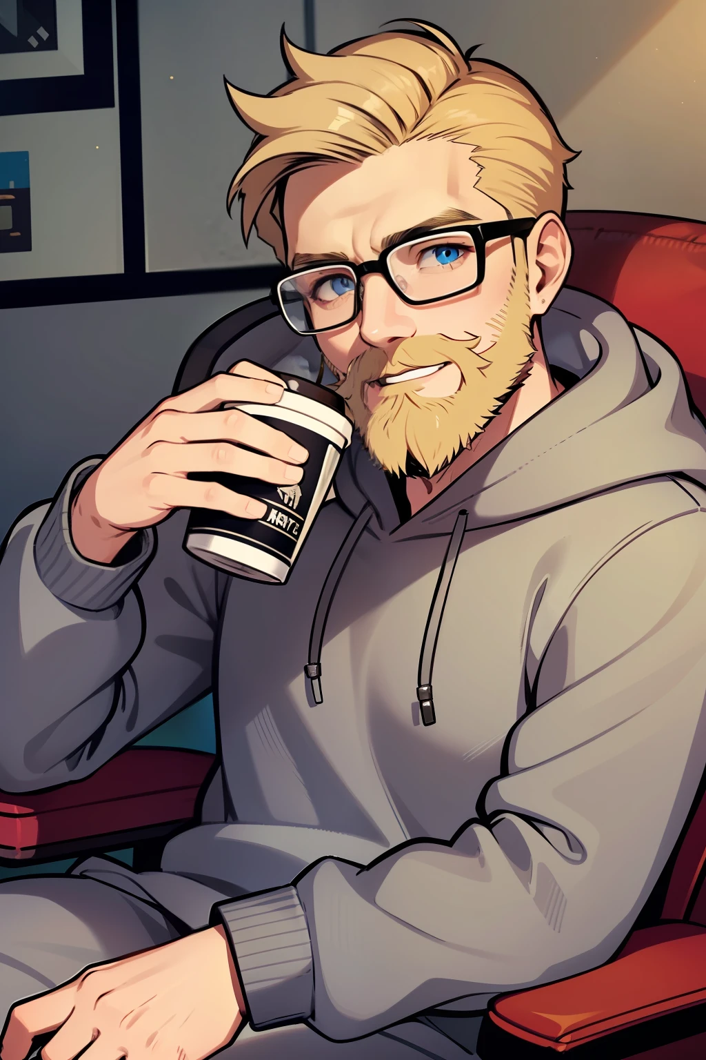 a bearded man wearing grey sweatshirt and grey jacket relaxing, 1boy, male focus, facial hair, solo, long bushy beard, glasses, pajamas, looking at viewer, short hair, hood, armchair, broad shoulders, (blonde hair), blue eyes, smile, perfect teeth, drinking hot chocolate