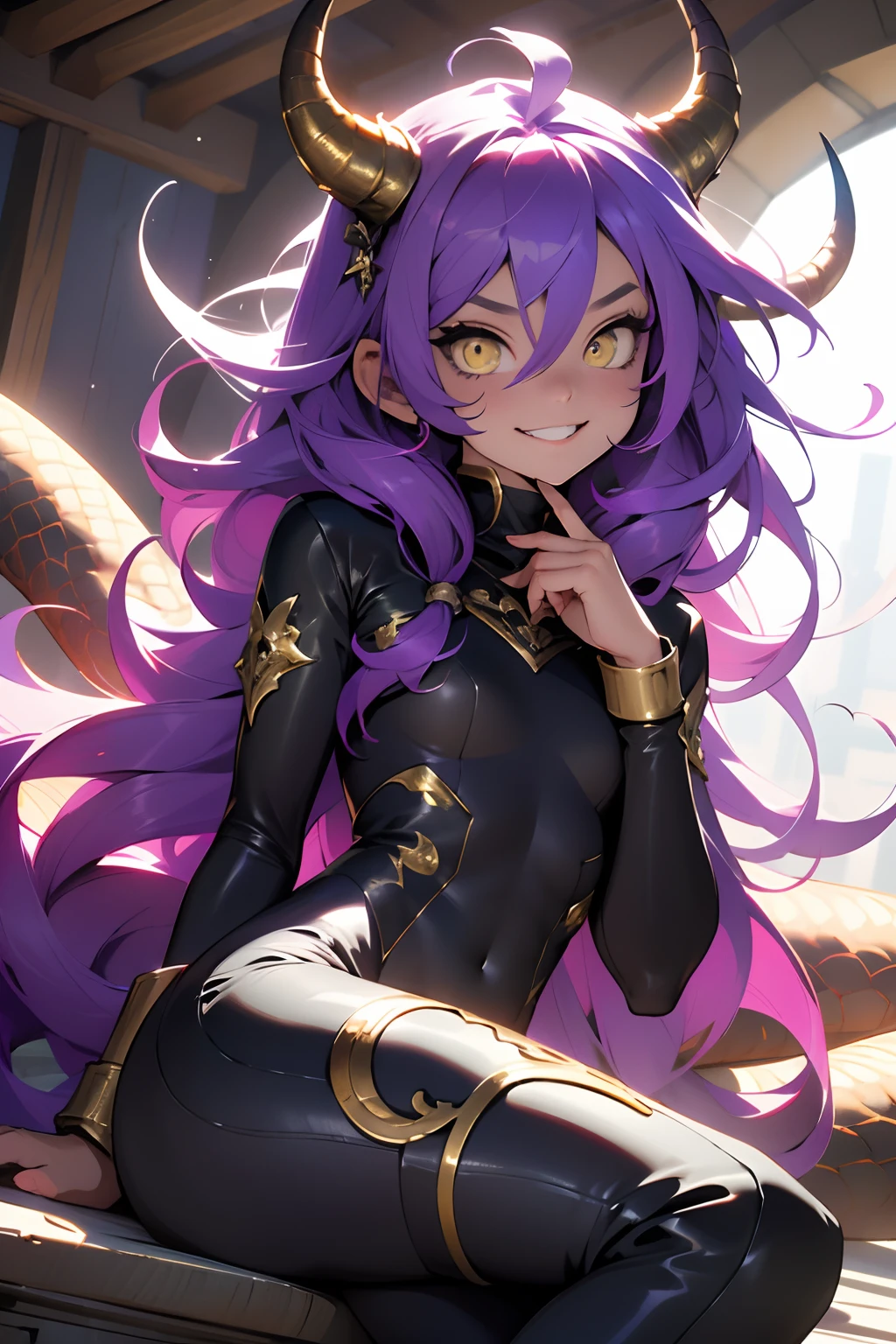 1girl, smile, fang, {dark sclera}, yellow eyes, horns, purple hair, very long hair, messy hair, flat chest, bodysuit, dragon tail, {purple scales}, harp, cave, sitting, happy, cheerful, fantasy