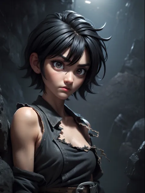 1girl, short black hair messy, black eyes, psycho look, gray haze around, peeking out upper body, dark cave, Ripped clothes, 16k