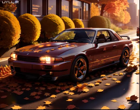 skyliner32, sports car parked on a street covered with leaves in autumn in a (city:1.3), fall, global illumination, volumetric l...