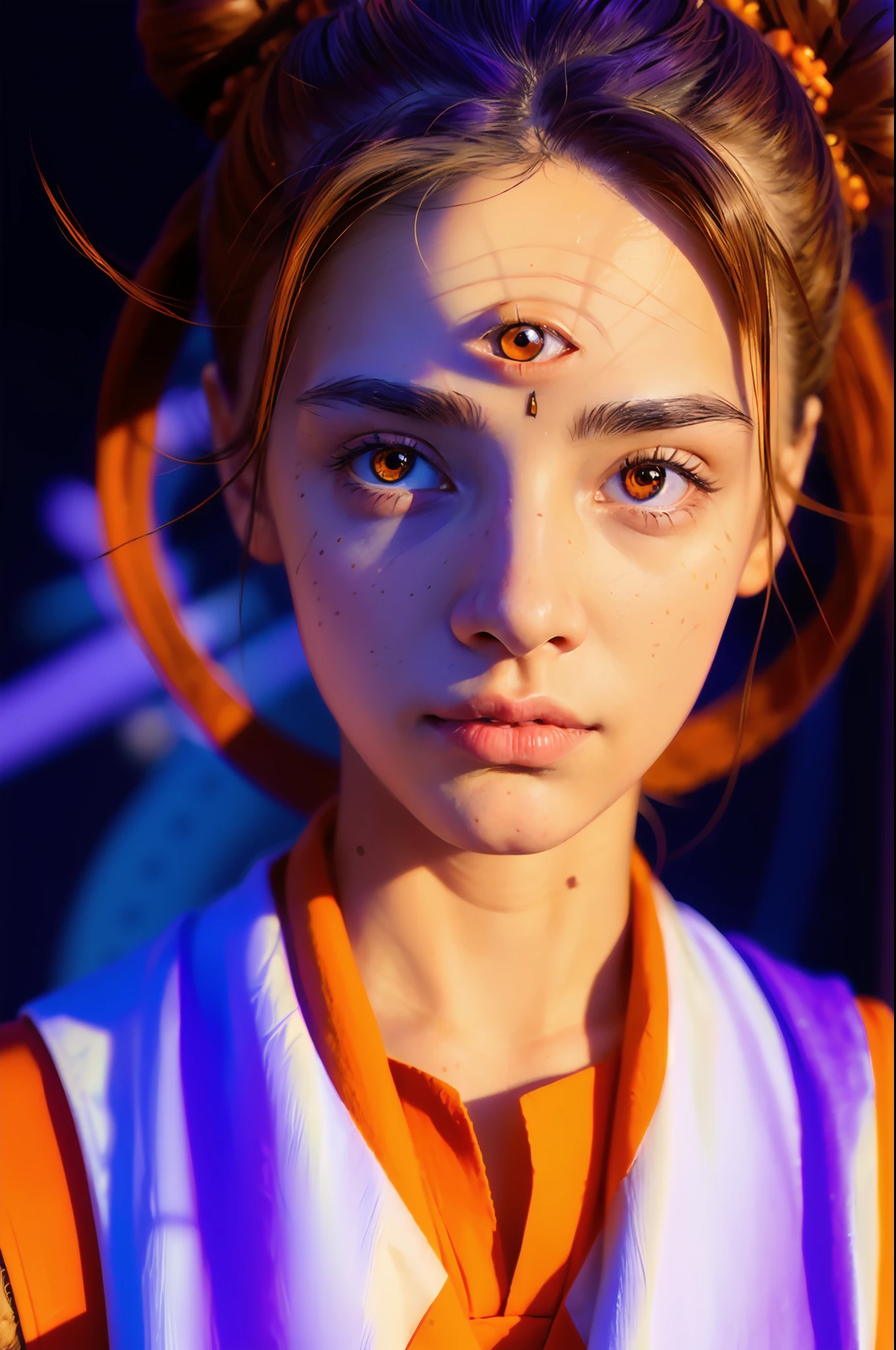 Small breasted tween with light purple skin, orange eye color, has a orange third eye on her forehead, tendrils on head. Alien, button down white business suit with cover bun business vest, sci-fi theme, Realistic,