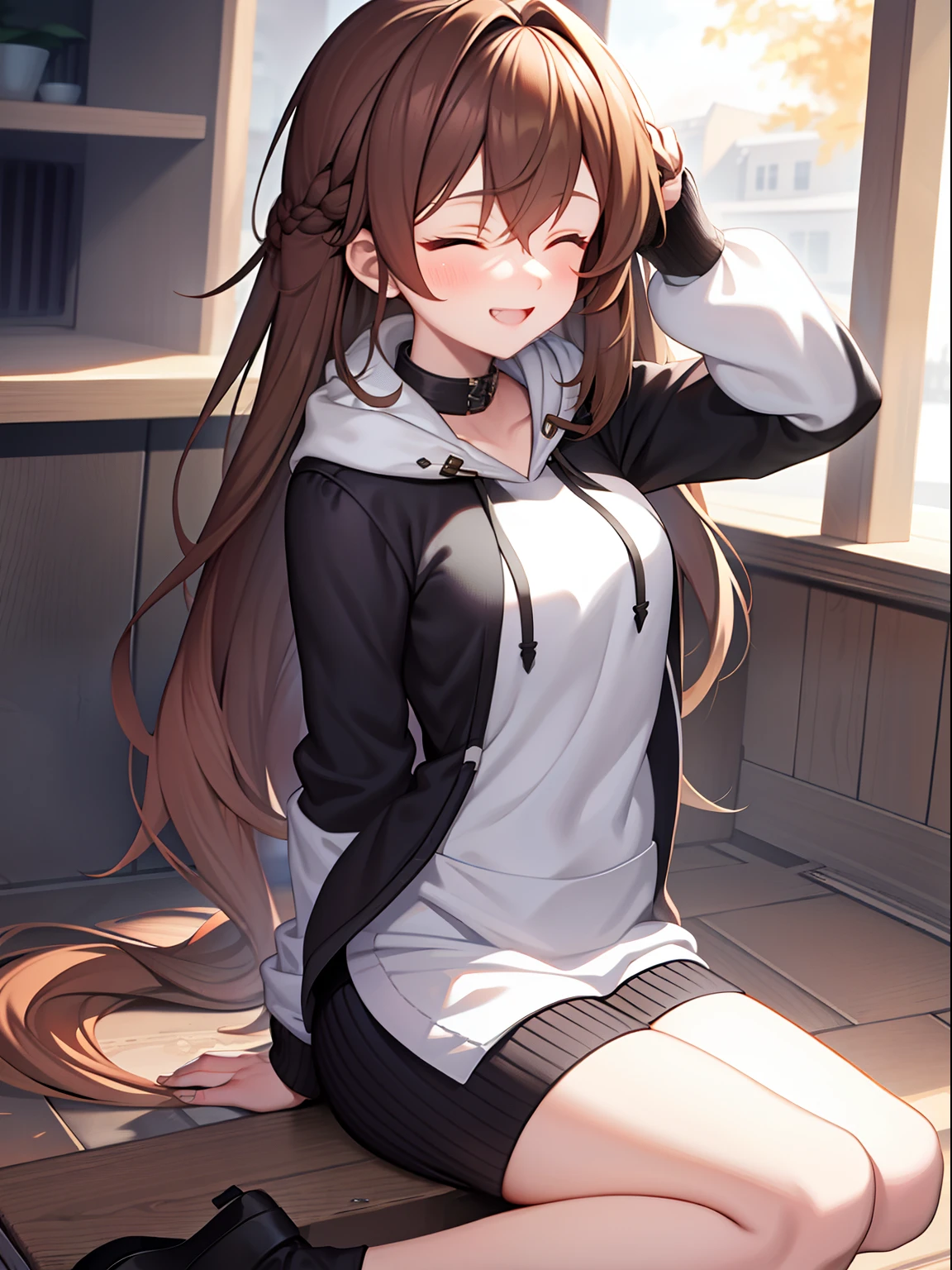 （（tmasterpiece））， （best qualtiy）， 1girll， hoody， brown  hair， long whitr hair， ssmile， Hands behind your back， closing her eyes， adolable， township