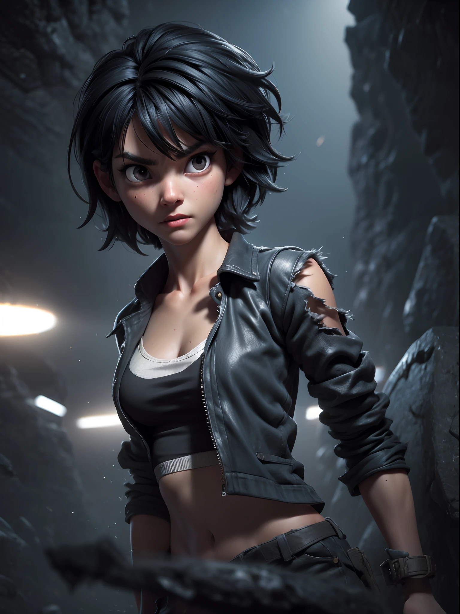 1girl, short black hair messy, black eyes, psycho look, gray haze around, peeking out upper body, dark cave, Ripped clothes, 16k