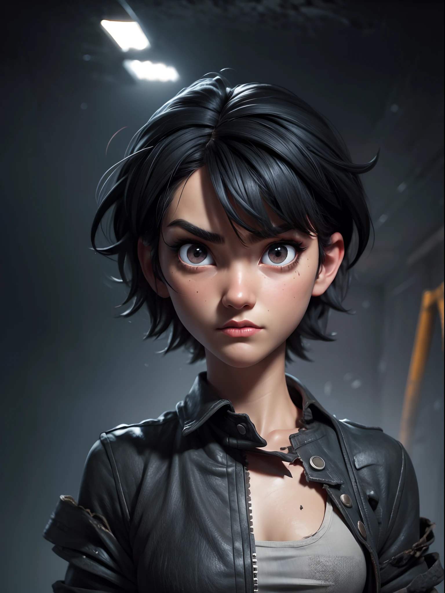 1girl, short black hair messy, black eyes, psycho look, gray haze around, peeking out upper body, dark cave, Ripped clothes, 16k