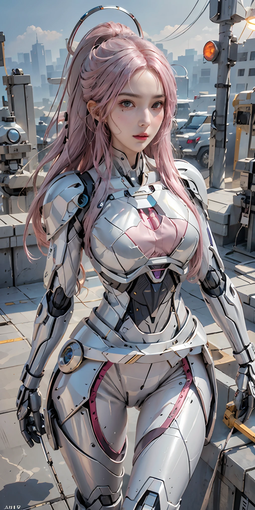 photorealistic, high resolution, soft light,1women, solo, hips up, (detailed face), pink hair, long hair, mecha musume, mechanical parts, robot joints, single mechanical arm, headgear, mechanical halo, star halo, electric mechanical bodysuit, mecha corset, kimono, full armor, city at night