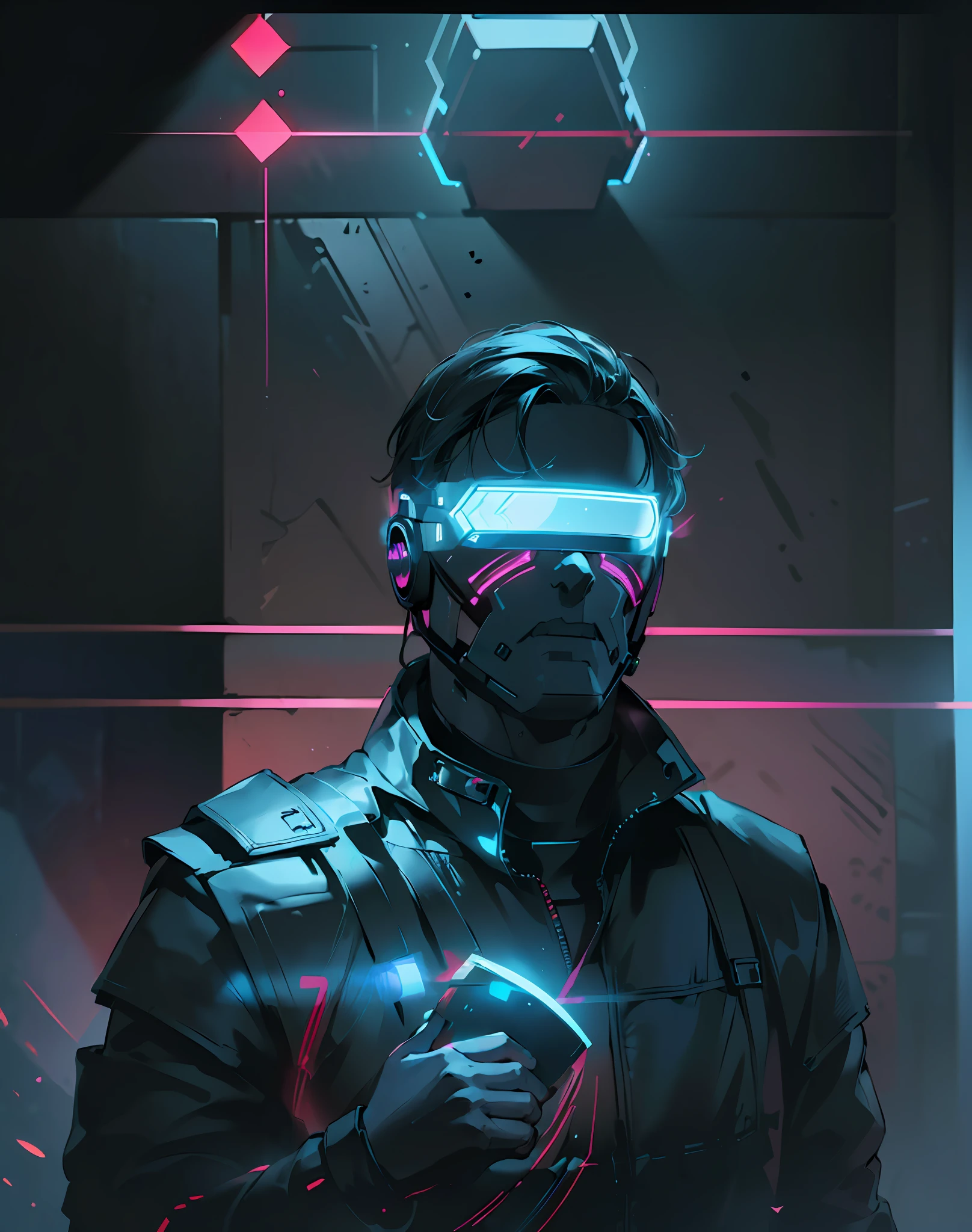((Best Quality)), ((Masterpiece)), (Very Detailed: 1.3), Dark Room, Neon Noir, Beautiful Cyberpunk male, face mask, (Wearing a Chunky High-Tech Head-Mounted Display: 1.2), Wearing a Cape, Hacking Computer Terminal, Blue Neon Lights from Monitors, Red Neon Codes on the Walls,