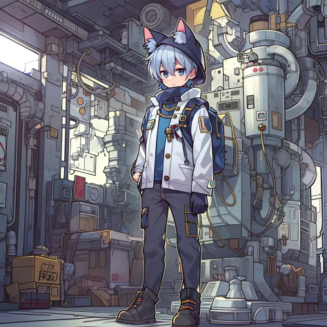 game cg，8k quality，((younge boy))，sense of childhood，anime male protagonist，cat ears，silvery-white dye，blue dye，cargo coat，unifo...