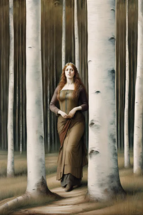 (((Pre-Raphaelite woman painting made of birch trunk, tree-woman, cabelo de folhas, bosquedos Vidoeiros, tonalidade  outonal. folhas amarelas, eye on birch trunk)))