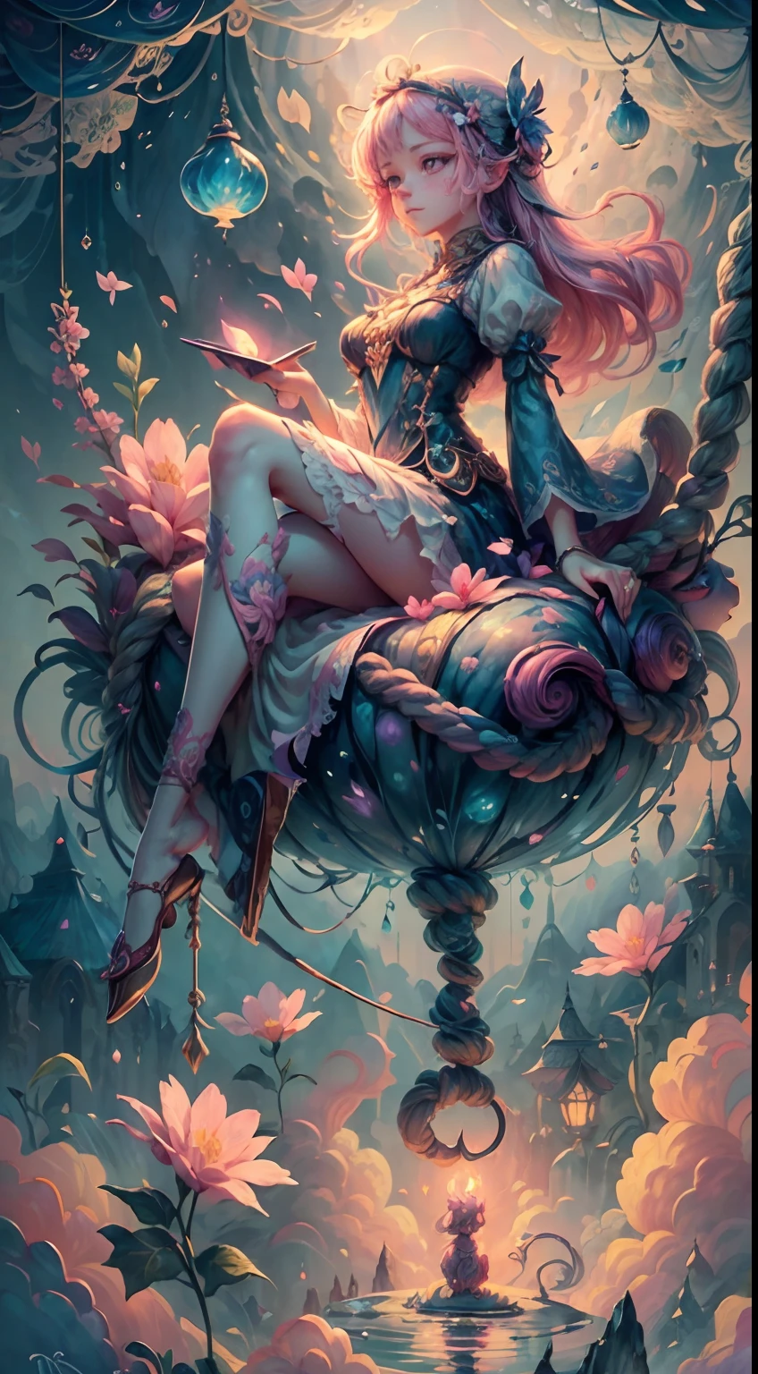 Create a mesmerizing scene where a woman is rests from a rope of ornate, lush, detailed flowers, delicately suspended with ornate ropes of extremely detailed flowers. The woman is in a mythic realm of dreams. Include floating islands and intricate watercolor skies. The woman's face exudes a sense of peace and happiness as she hangs weightlessly in the air. She is dwarfed by her interesting environment. The environment is filled with fluffy clouds, waterfalls cascading from the floating islands, and a vibrant, surreal environment with beautiful shades of pink, purple, and blue. The atmosphere is filled with a sense of wonder and tranquility. ((Include many shades of pink in the artwork's details and background.)) This scene will be depicted in an anime-style illustration, with soft lines, pastel colors, and a whimsical touch. The artwork will capture the ethereal beauty and tranquility of the dreamlike realm, creating a sense of harmony and escape from the ordinary world.