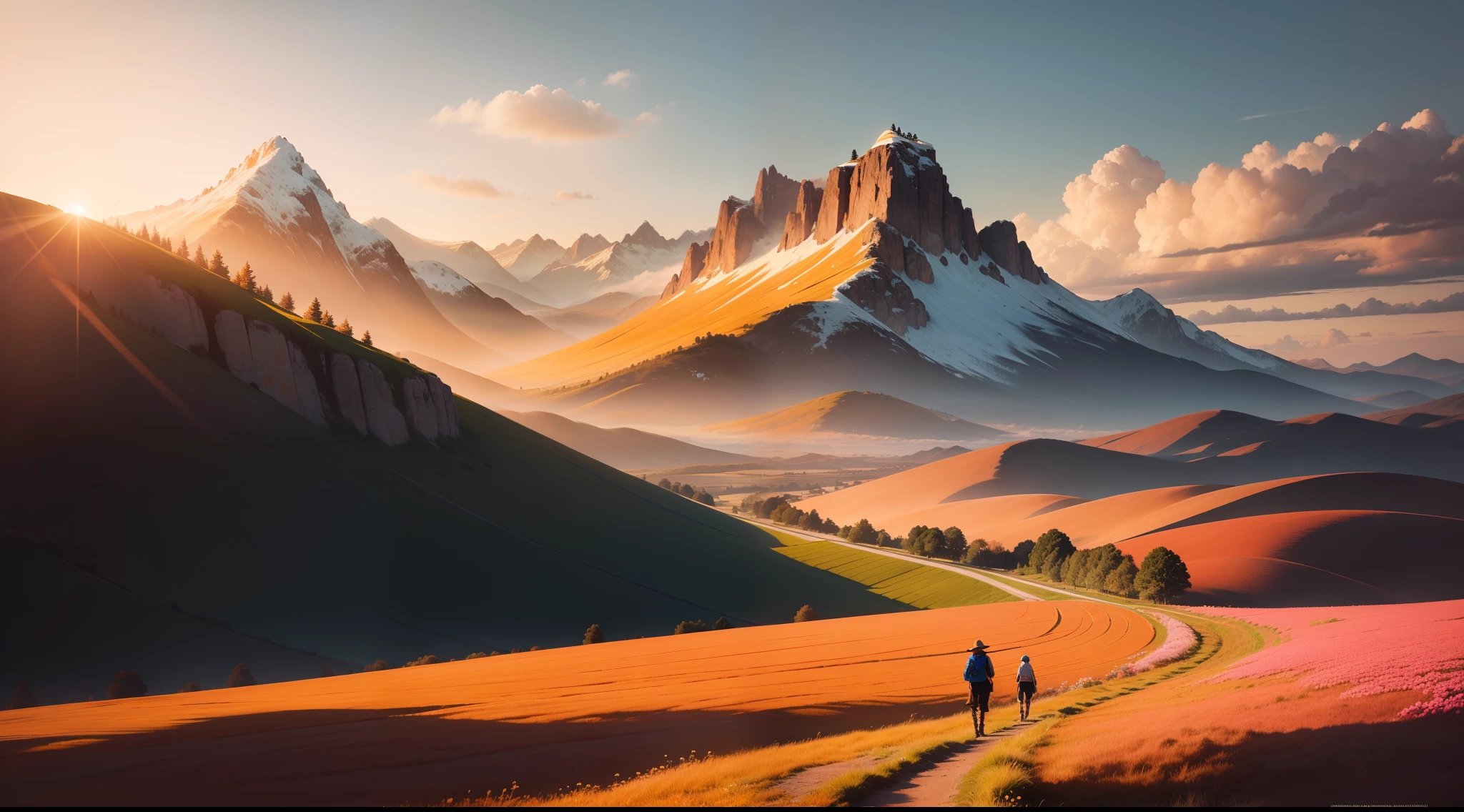 Mountains with a couple walking down a path in the middle - SeaArt AI