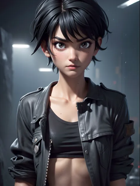 1girl, short black hair messy, black eyes, psycho look, gray haze around, peeking out upper body, dark cave, Ripped clothes, 16k