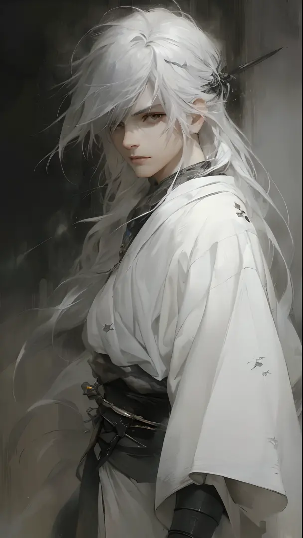 a close up of a person with white hair and a sword, white haired deity, with white long hair, with long white hair, artwork in t...