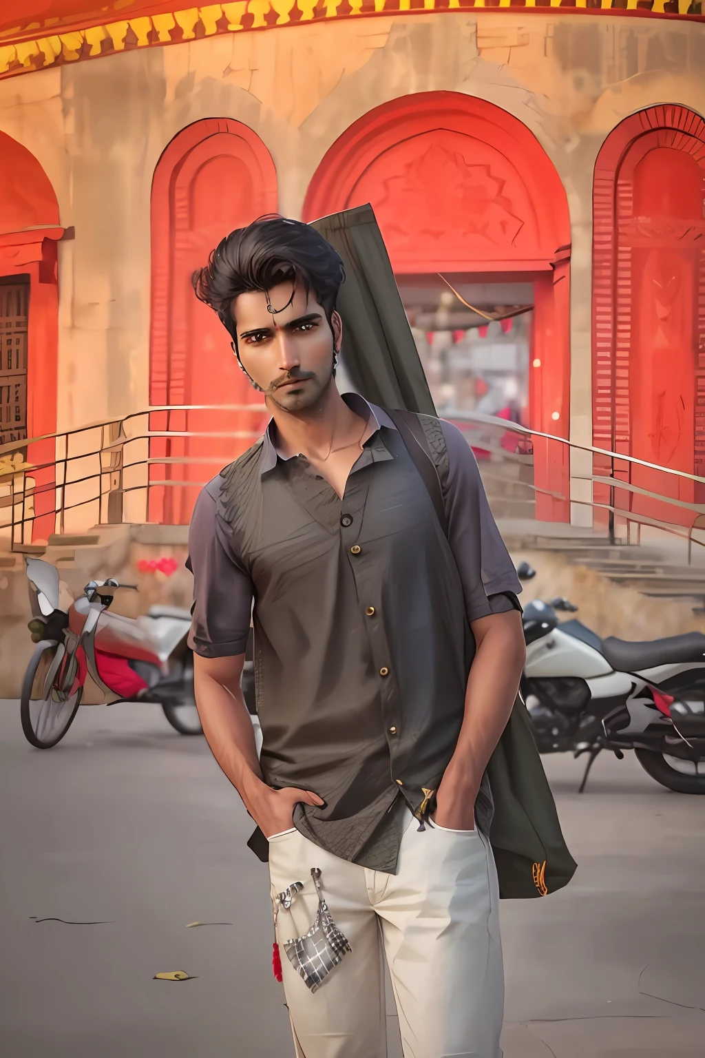 photo of an Indian man, wearing a red argyle vest, green collared shirt, and black jeans,  bokeh, outdoor background, masterpiece, high quality, photorealistic, fashion realistic oile netureal 4k ultra