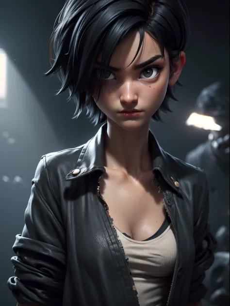 1girl, short black hair messy, black eyes, psycho look, gray haze around, peeking out upper body, dark cave, Ripped clothes, 16k